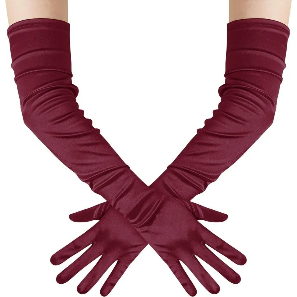 Women's Long Satin Gloves Dark Red Stretchy Upper Arm Length Costume Design